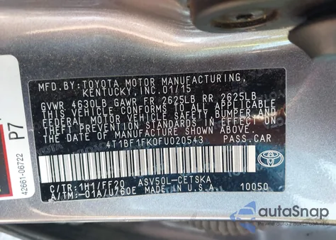 2015 Toyota Camry Se z USA, uszkodzony, nr VIN 4T1BF1FK0FU020543